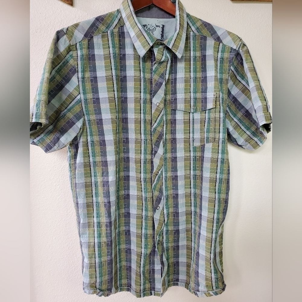 Prana Mens Short Sleeve Snap Front Shirt. Green/blue/gray plaid. Size L